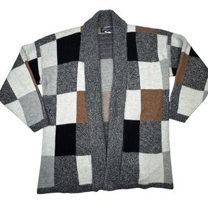 Vintage J.J. Browne USA Patchwork Cardigan Sweater Gray Black Tan Knit XL